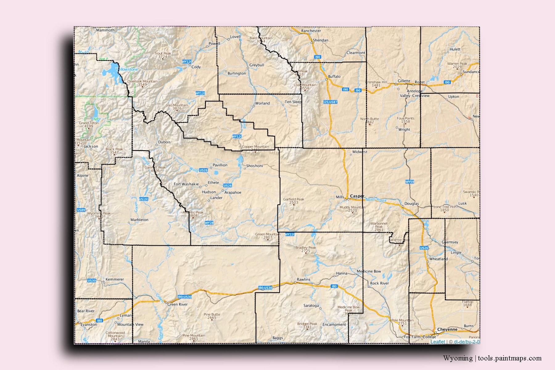 Wyoming and counties map with 3D shadow effect