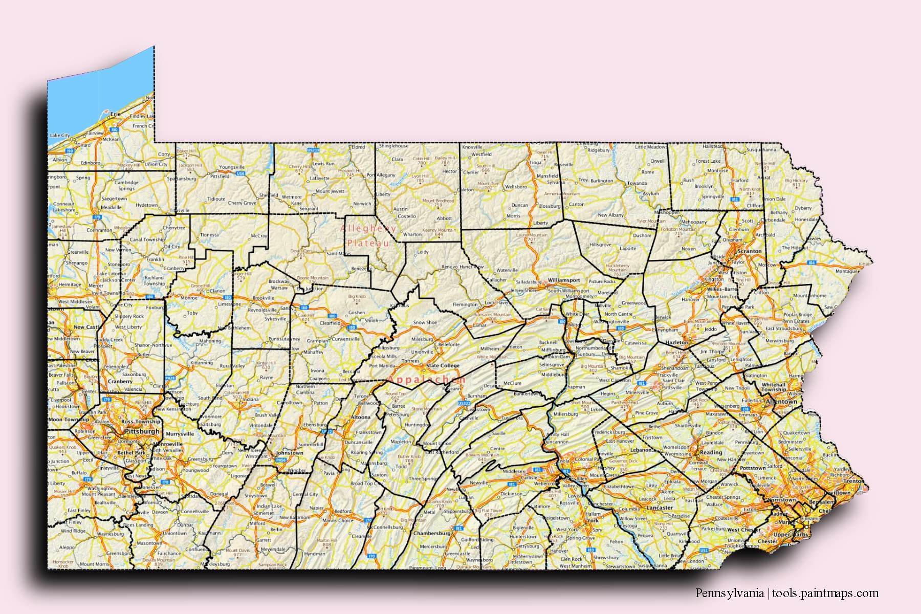 Pennsylvania and counties map with 3D shadow effect