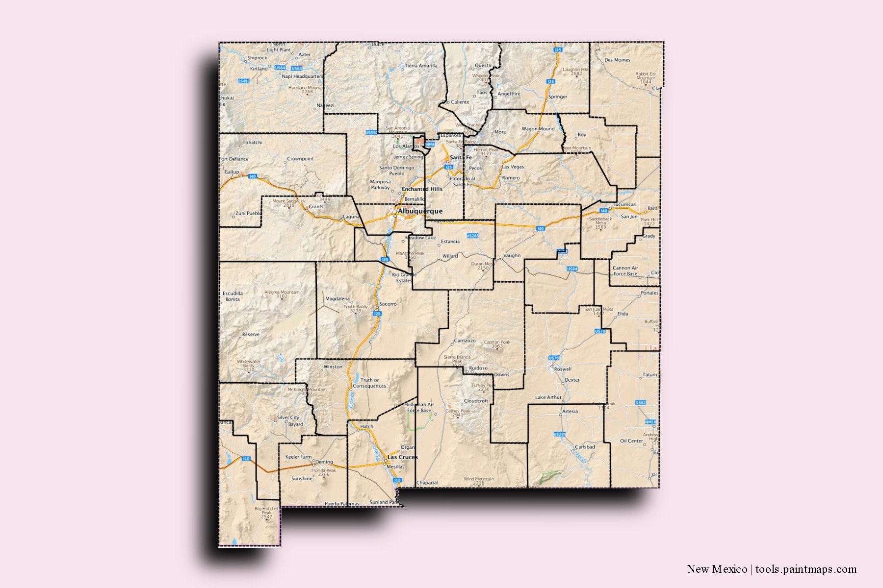 New Mexico and counties map with 3D shadow effect