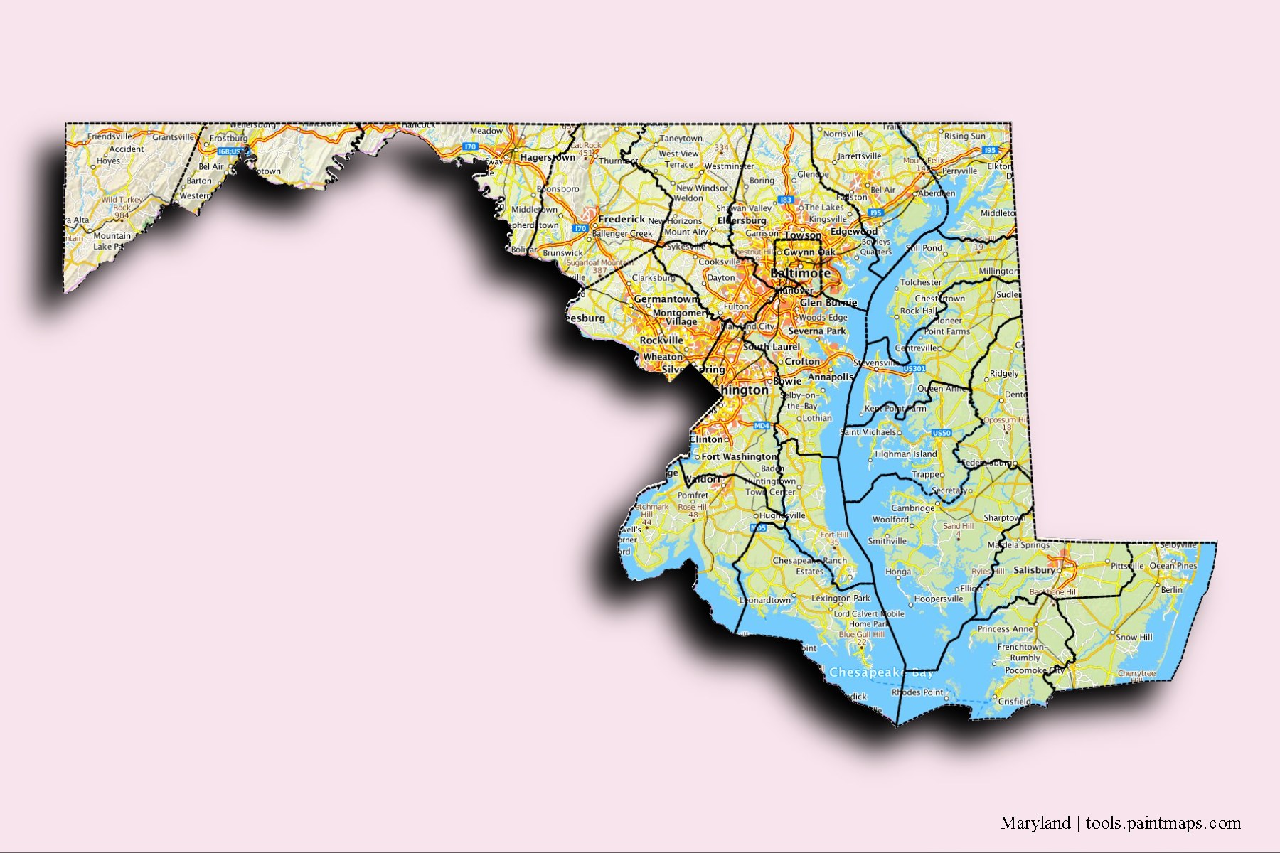 Mapa de Maryland y sus distritos con efecto de sombra 3D