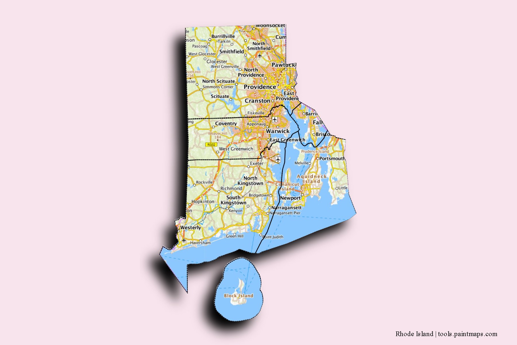 Rhode Island and counties map with 3D shadow effect