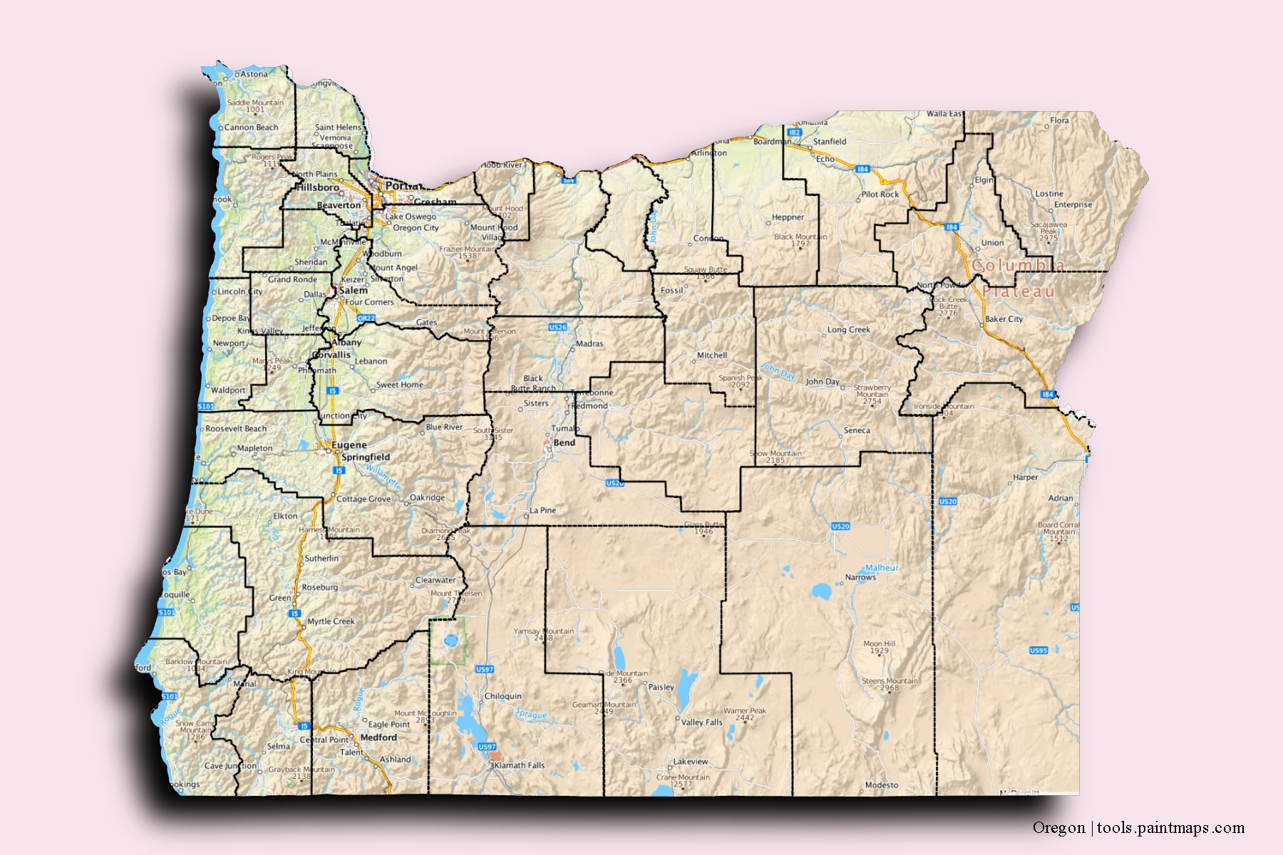 3D gölge efektli Oregon ve ilçeleri haritası