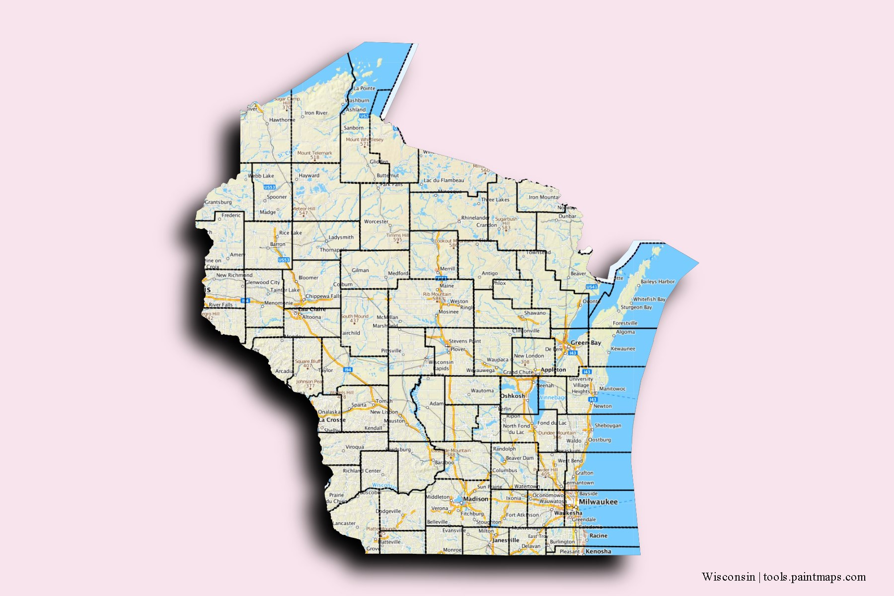 Mapa de Wisconsin y sus distritos con efecto de sombra 3D