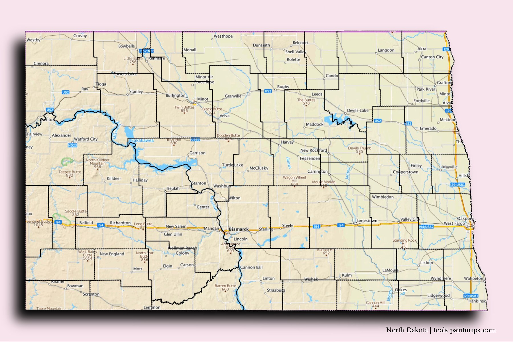 North Dakota and counties map with 3D shadow effect