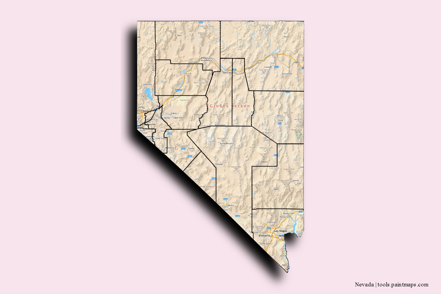 Mapa de Nevada y sus distritos con efecto de sombra 3D