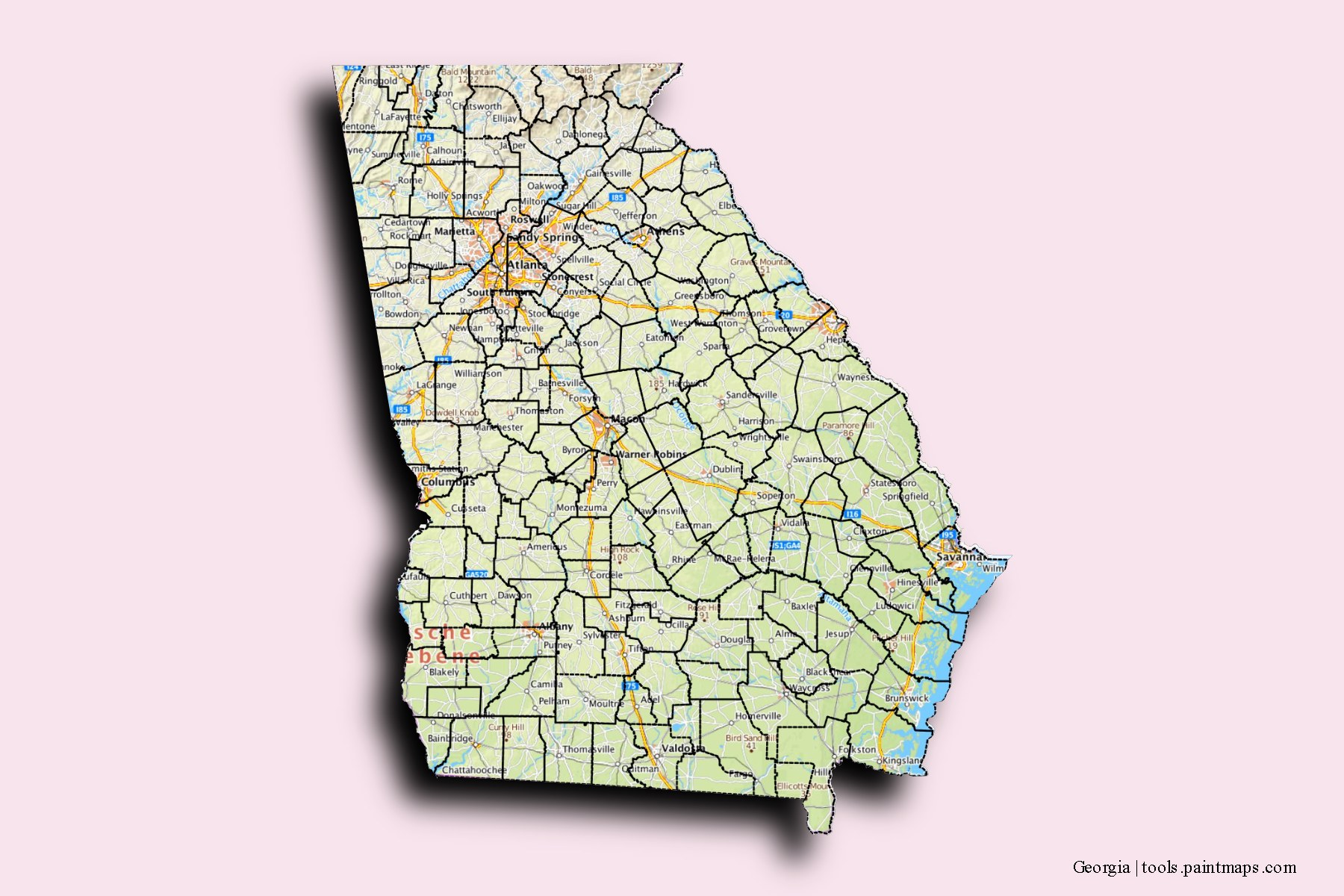 Georgia and counties map with 3D shadow effect