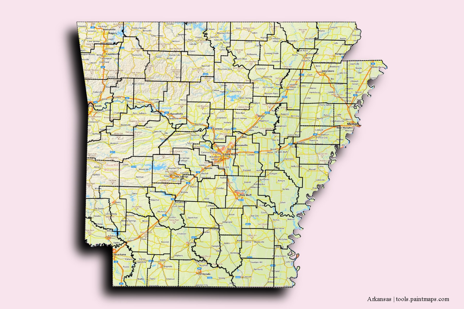 Mapa de Arkansas y sus distritos con efecto de sombra 3D