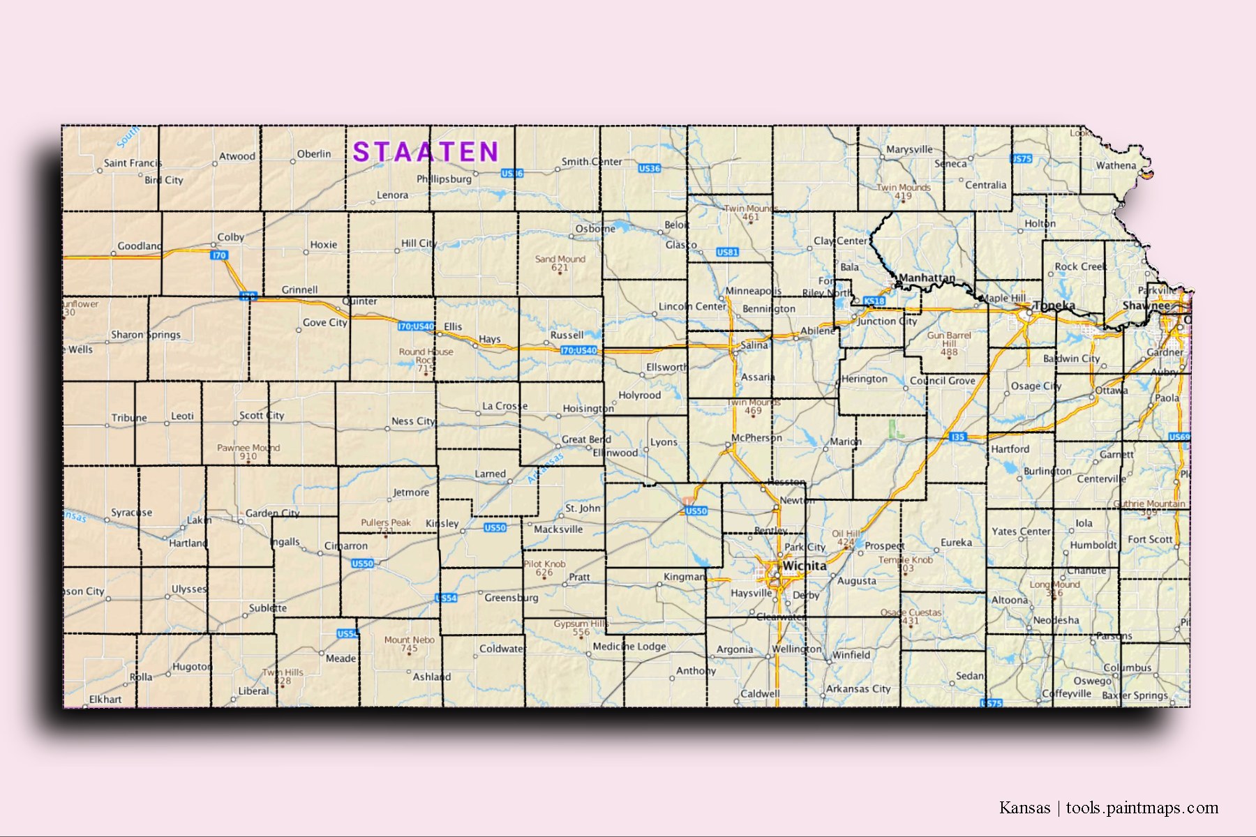 Kansas and counties map with 3D shadow effect