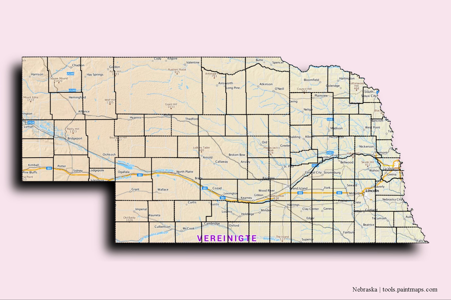 Nebraska and counties map with 3D shadow effect