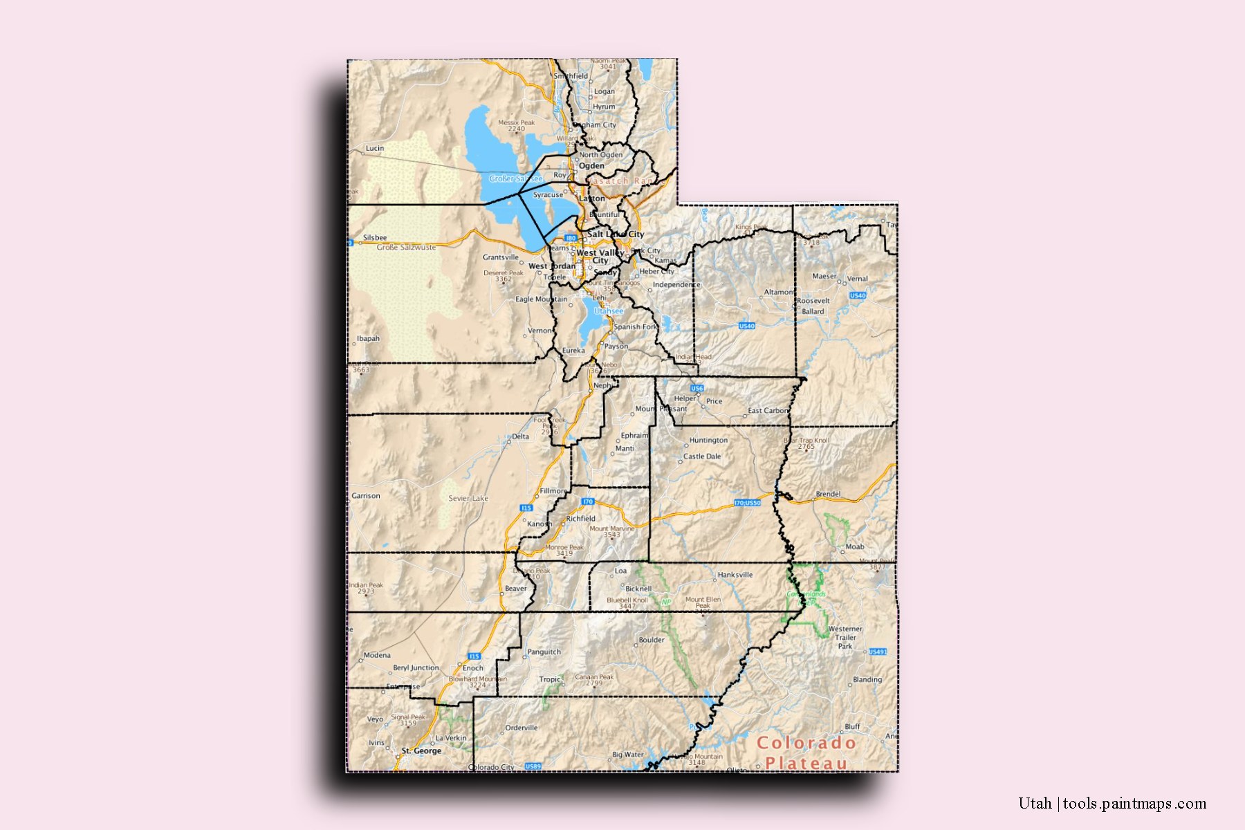 3D gölge efektli Utah ve ilçeleri haritası