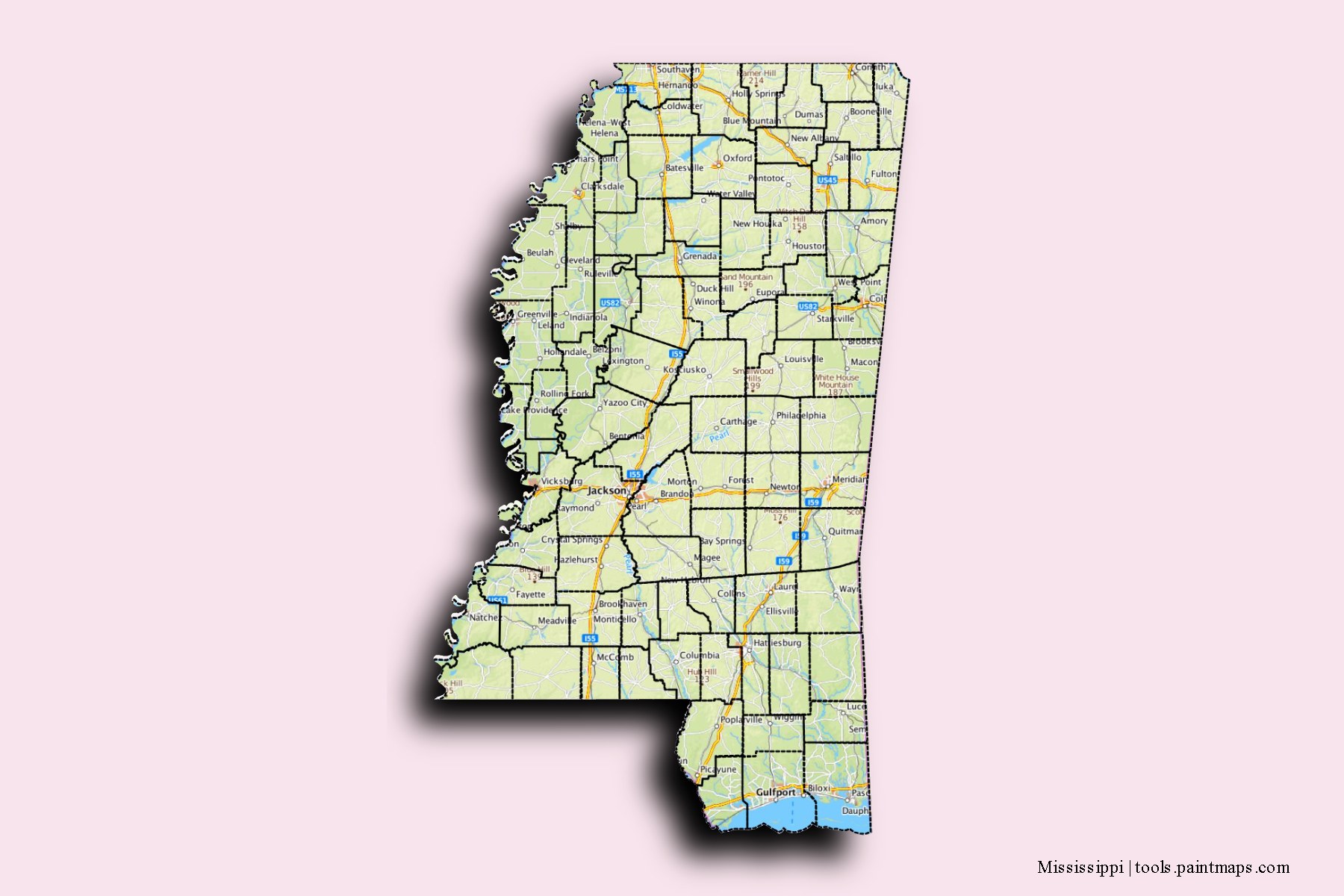 Mississippi and counties map with 3D shadow effect