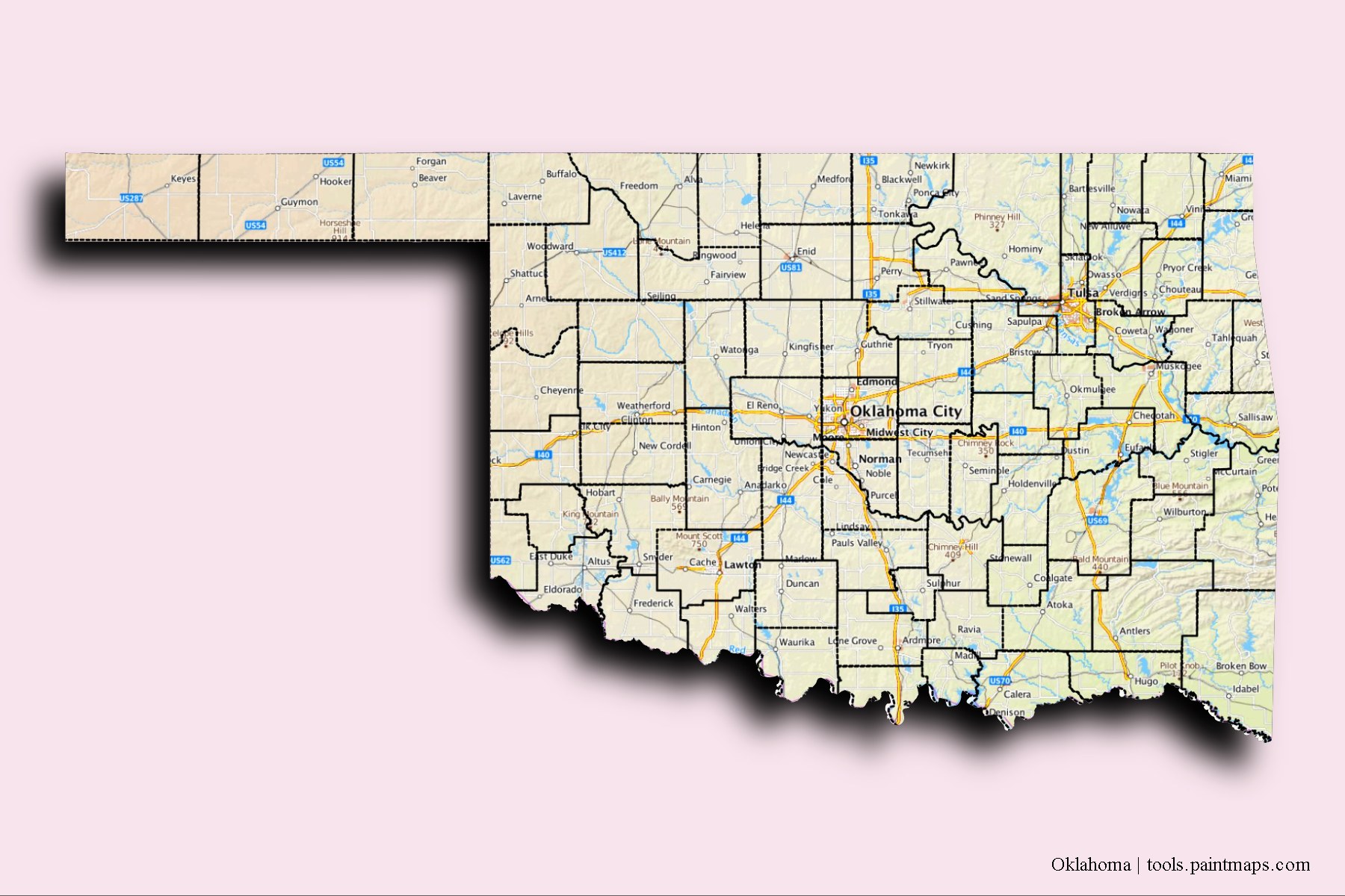 Oklahoma and counties map with 3D shadow effect