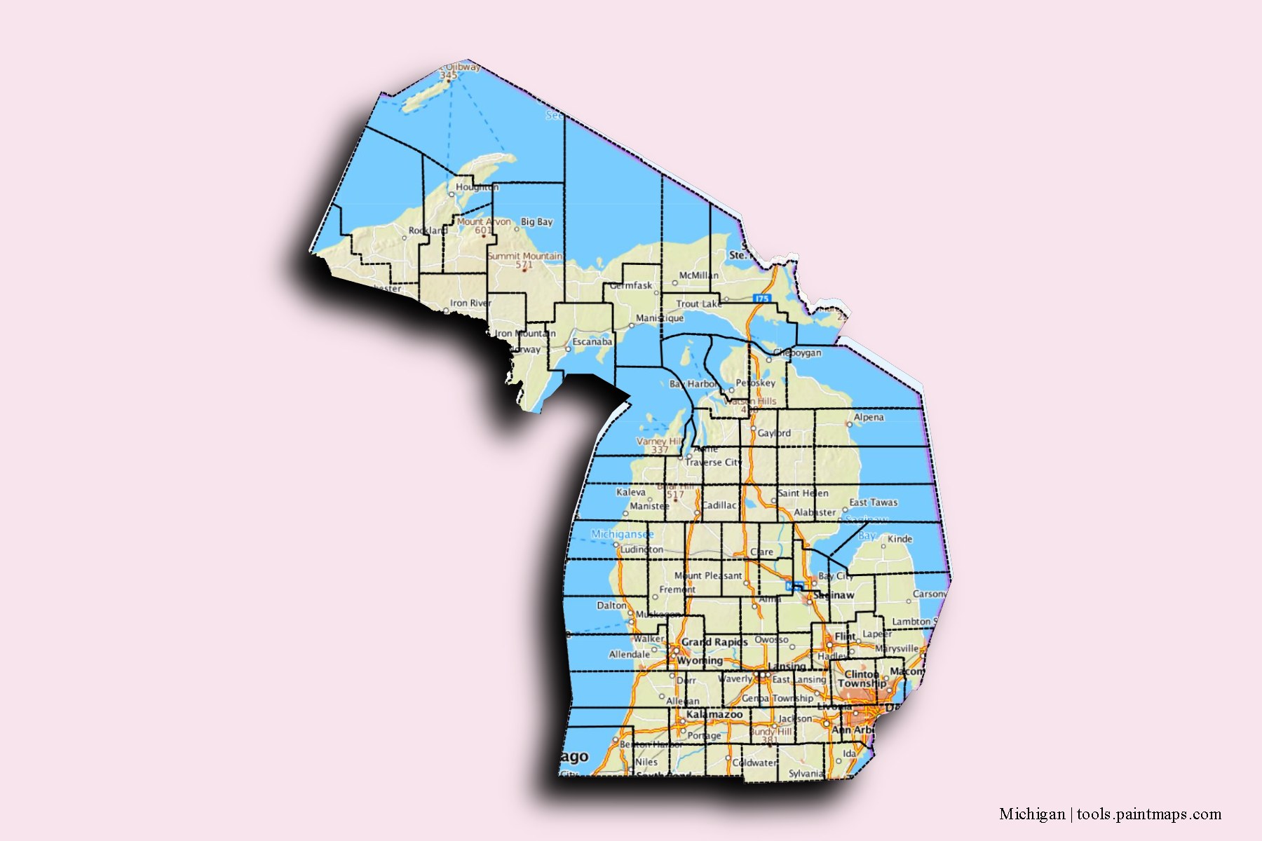 Michigan and counties map with 3D shadow effect