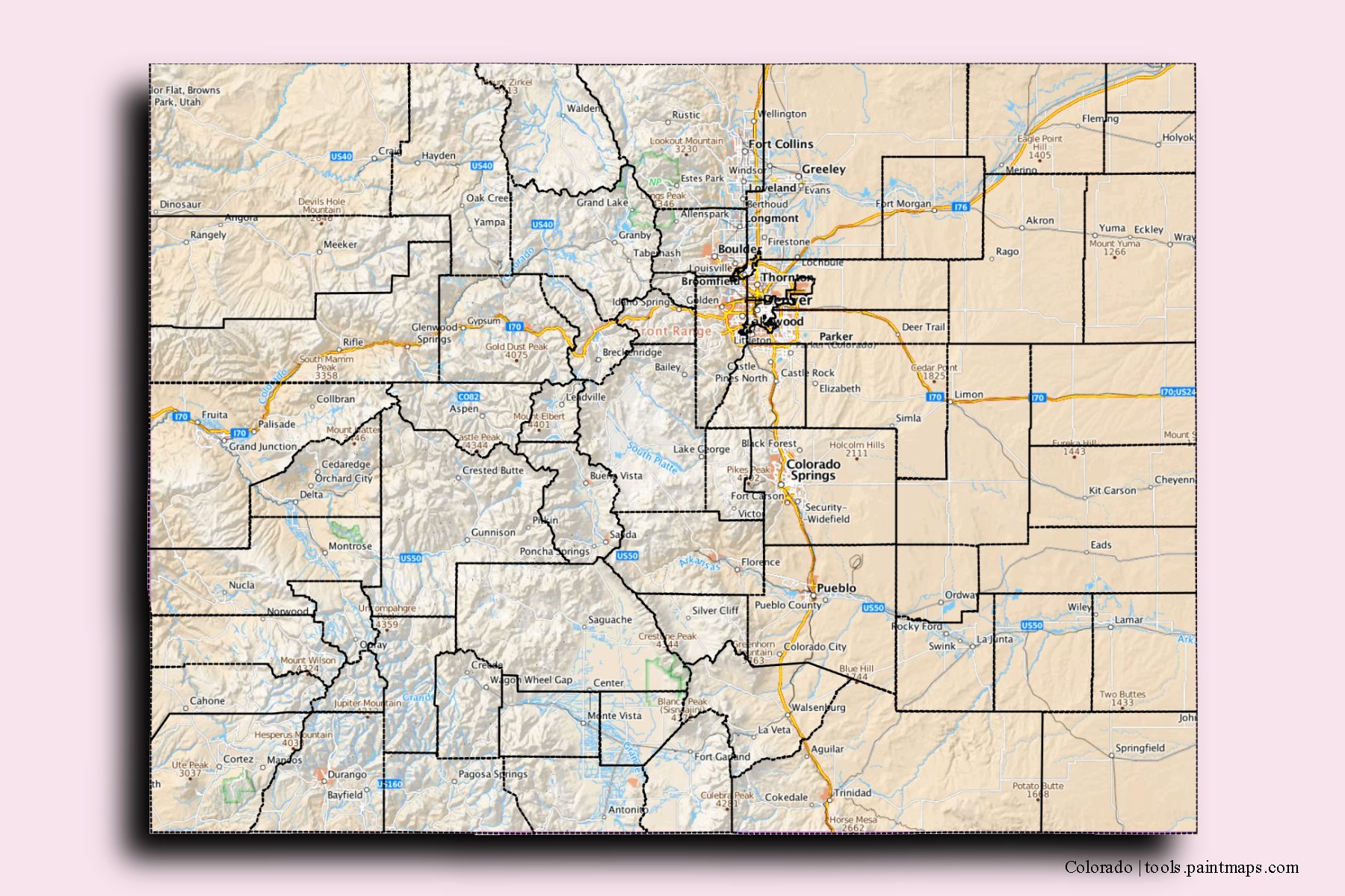 Colorado and counties map with 3D shadow effect