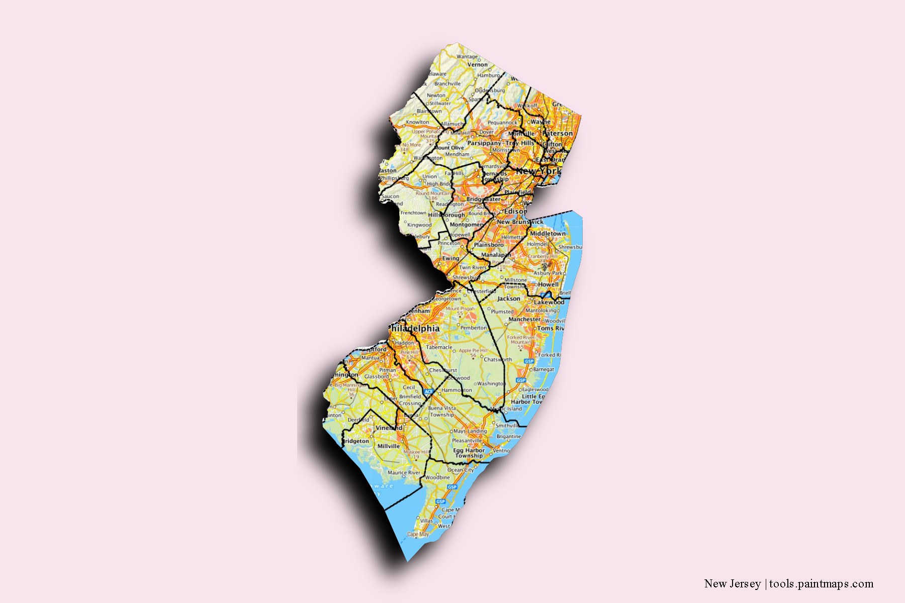 New Jersey and counties map with 3D shadow effect