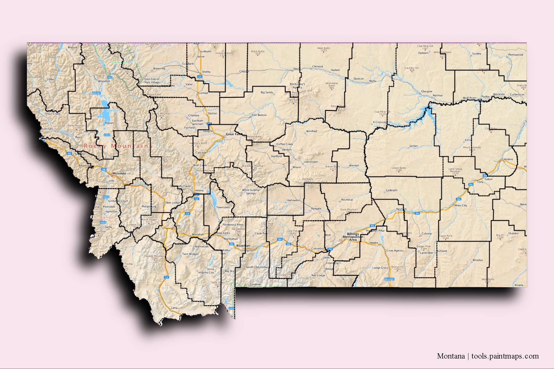 Montana and counties map with 3D shadow effect