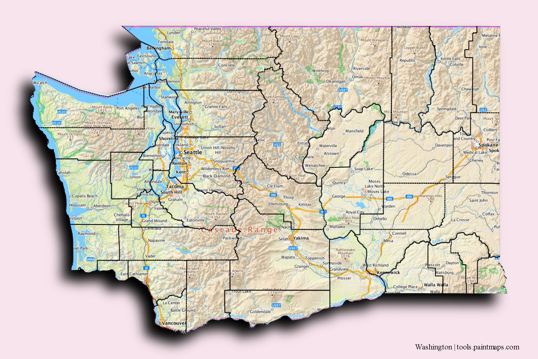 3D gölge efektli Vaşington ve ilçeleri haritası