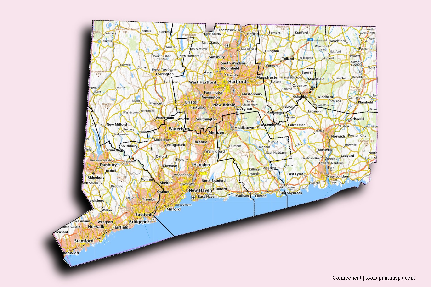 Connecticut and counties map with 3D shadow effect