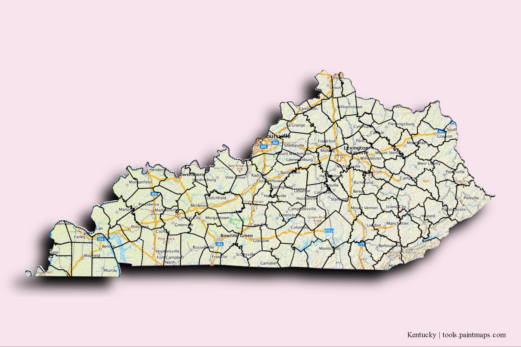 Kentucky and counties map with 3D shadow effect