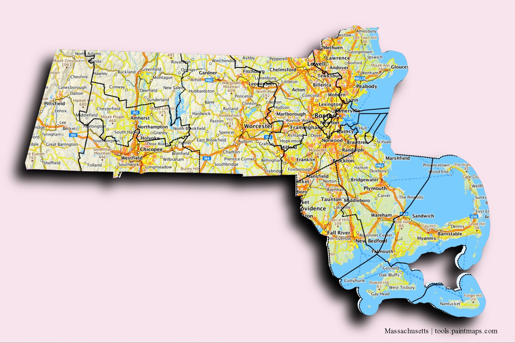 Massachusetts and counties map with 3D shadow effect