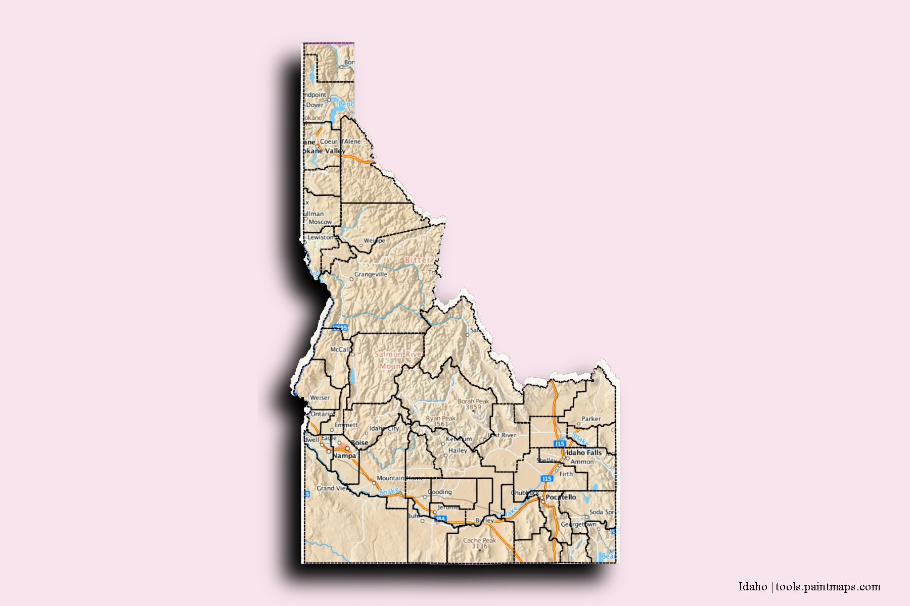 Idaho and counties map with 3D shadow effect