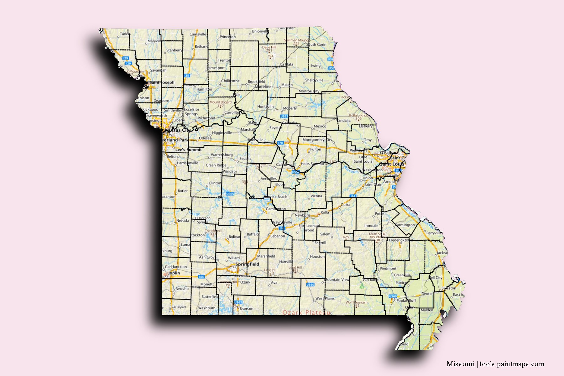 Missouri and counties map with 3D shadow effect