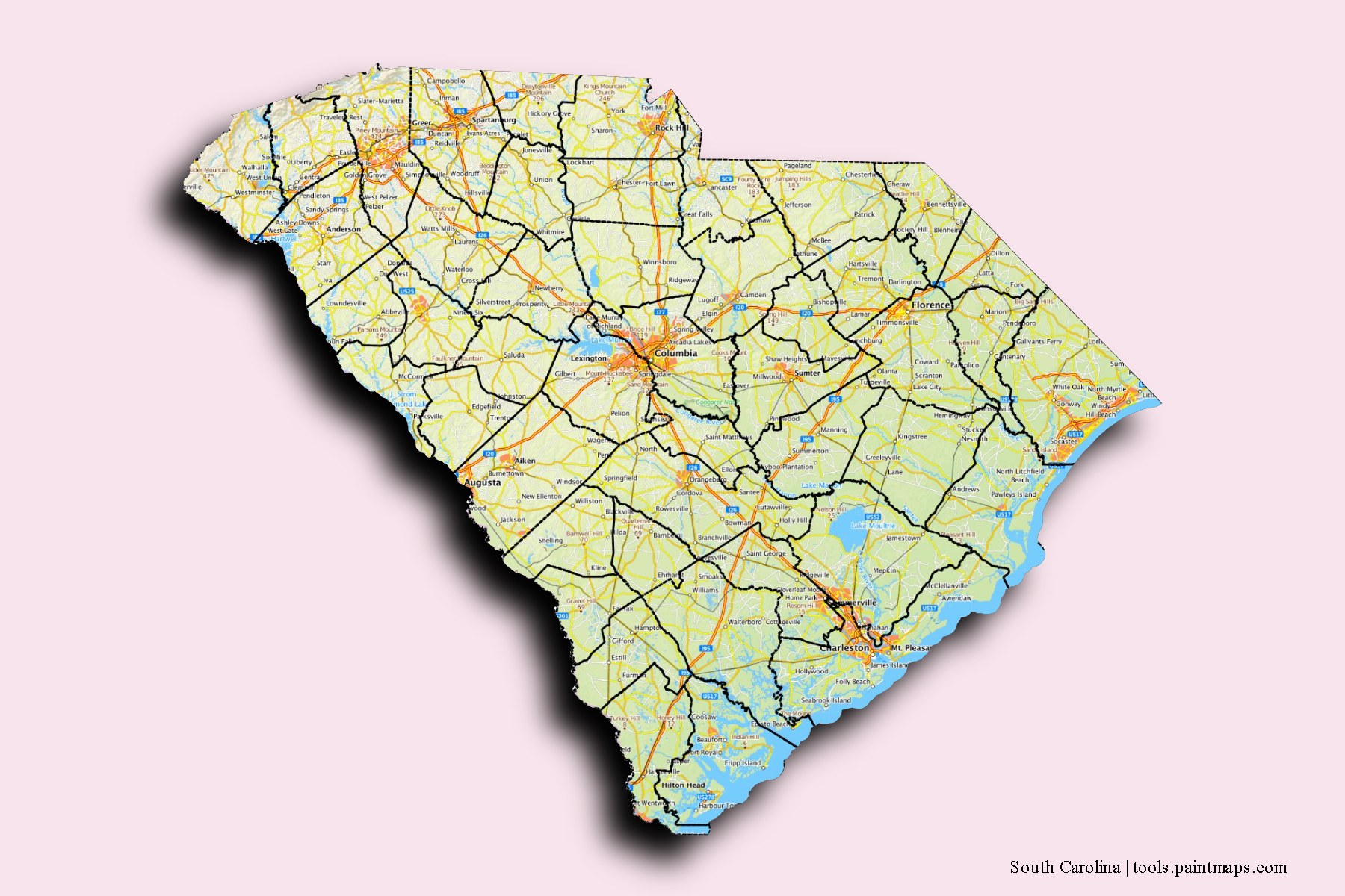 South Carolina and counties map with 3D shadow effect