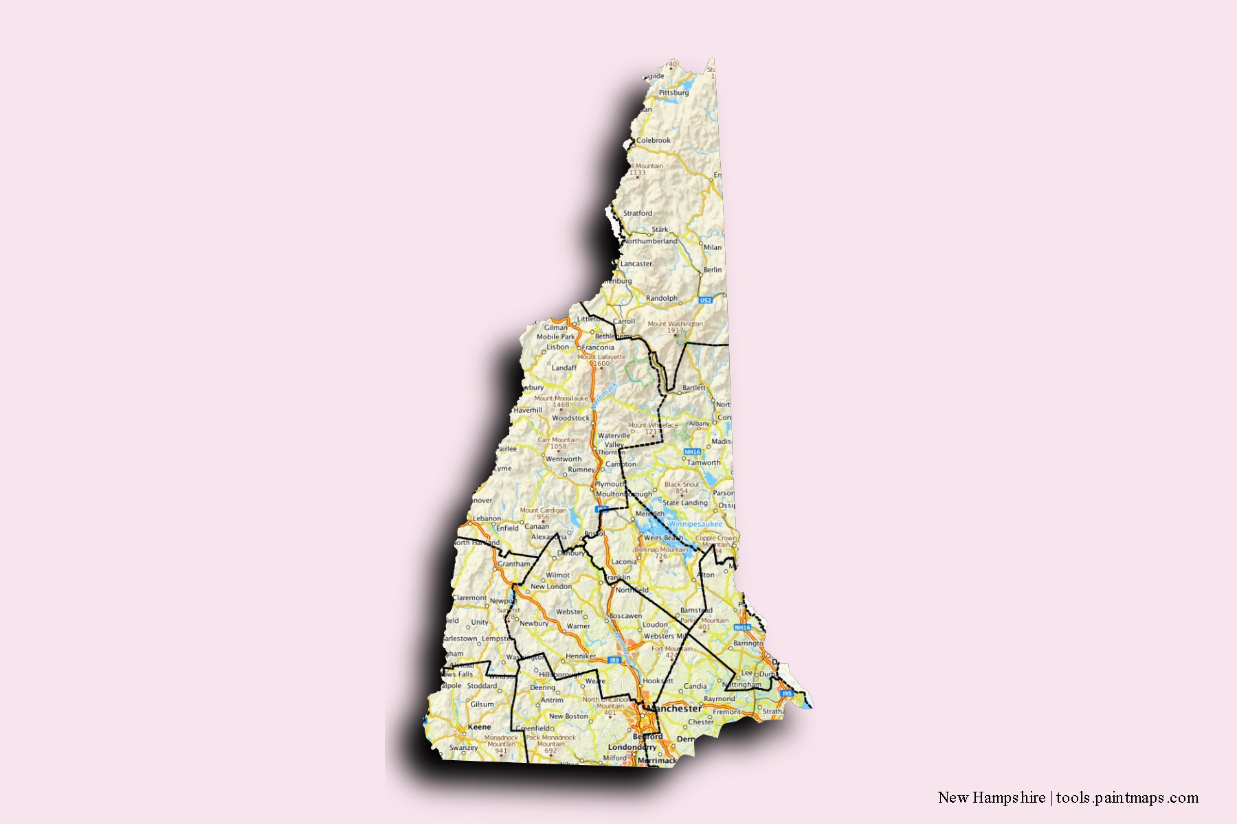 New Hampshire and counties map with 3D shadow effect