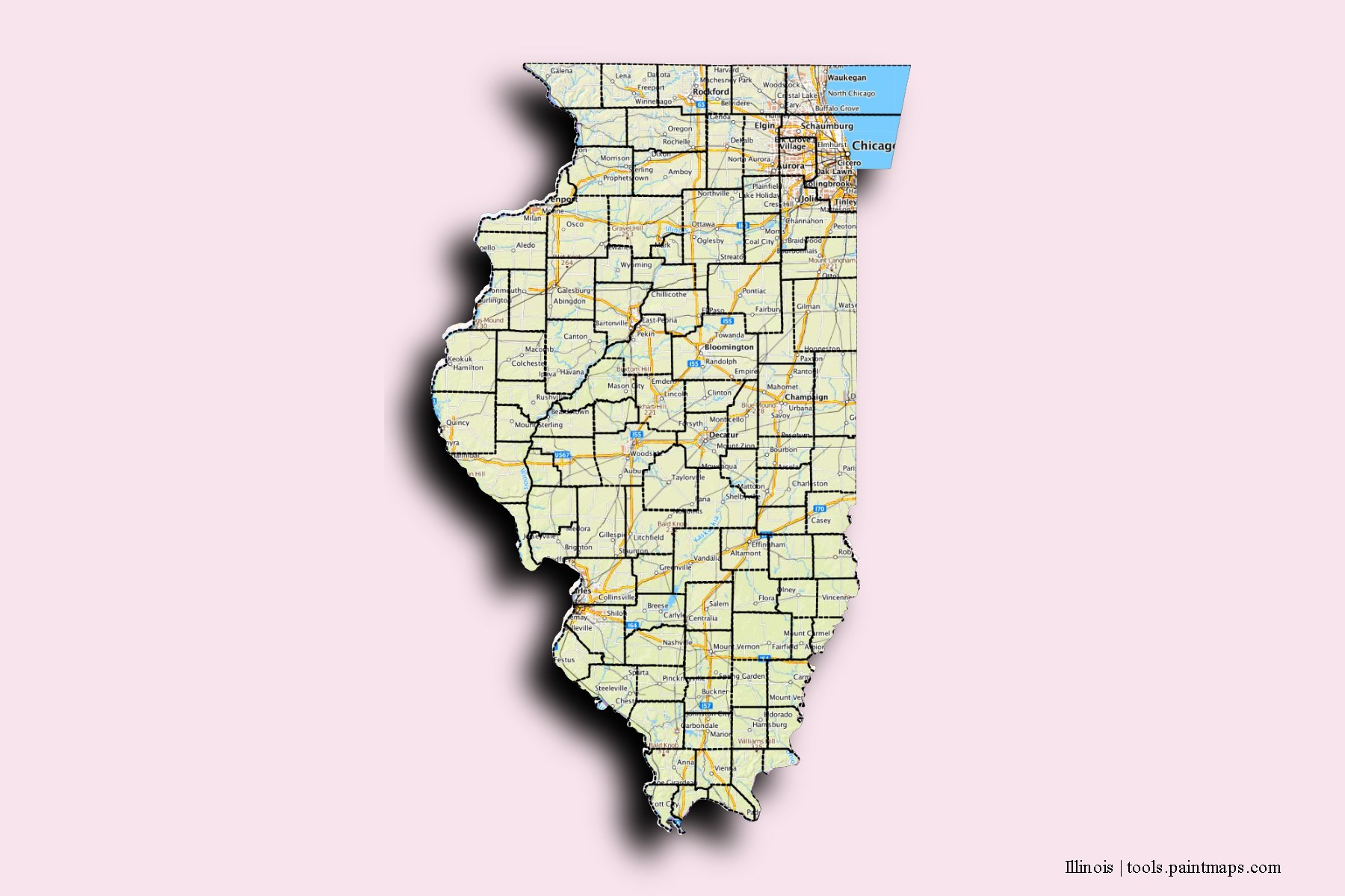 Mapa de Illinois y sus distritos con efecto de sombra 3D