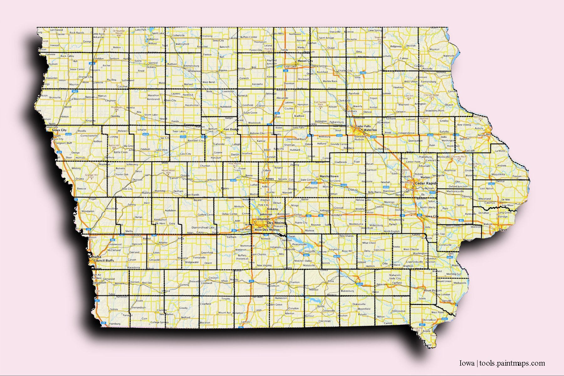 Mapa de Iowa y sus distritos con efecto de sombra 3D