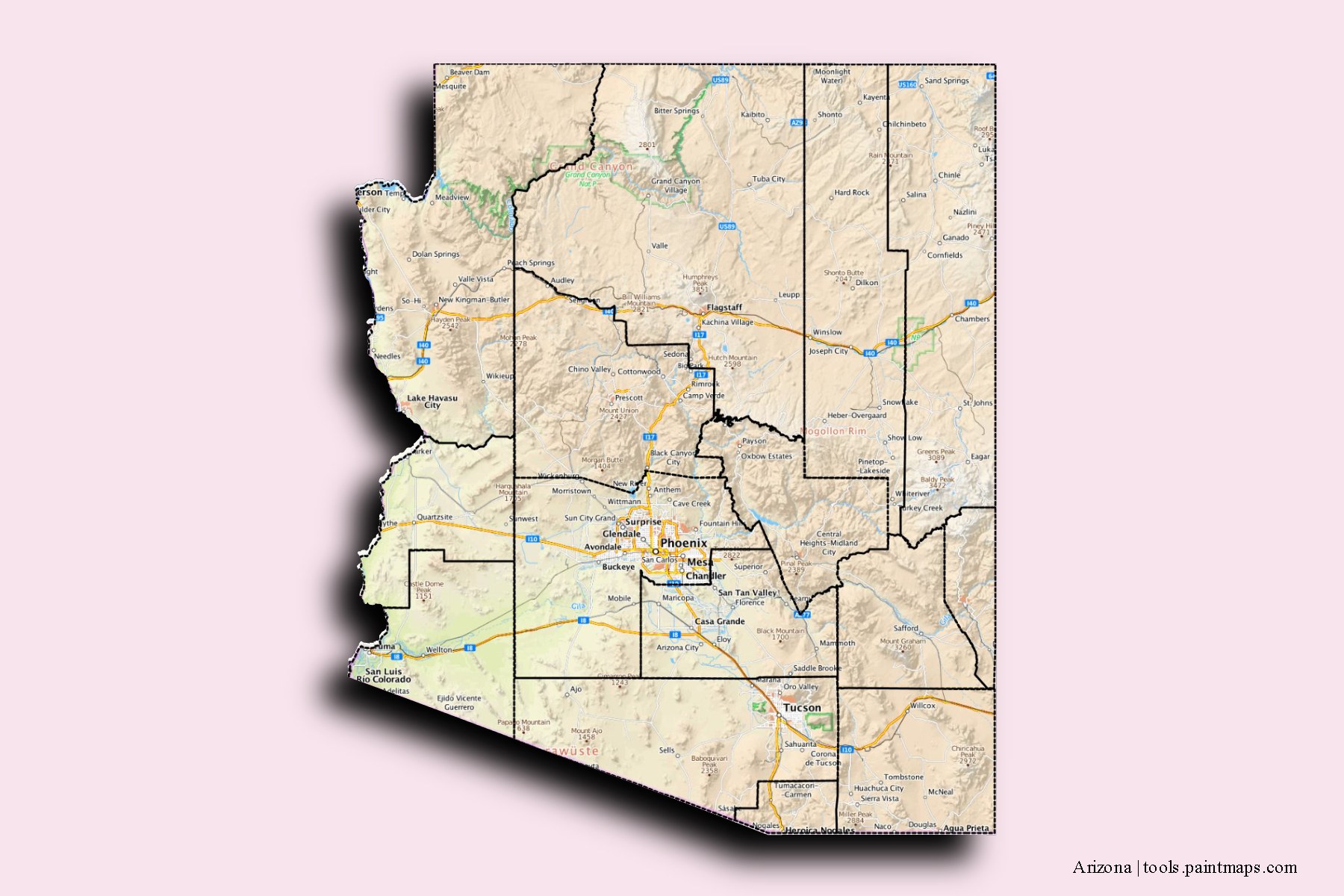 Arizona and counties map with 3D shadow effect