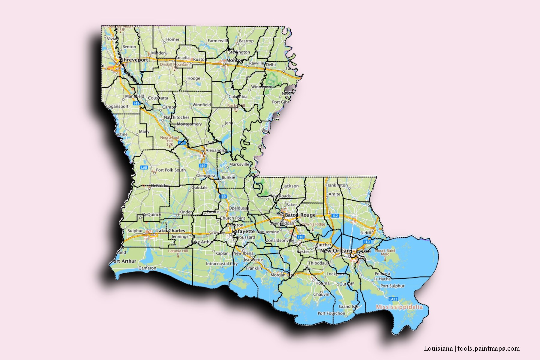 Louisiana and counties map with 3D shadow effect