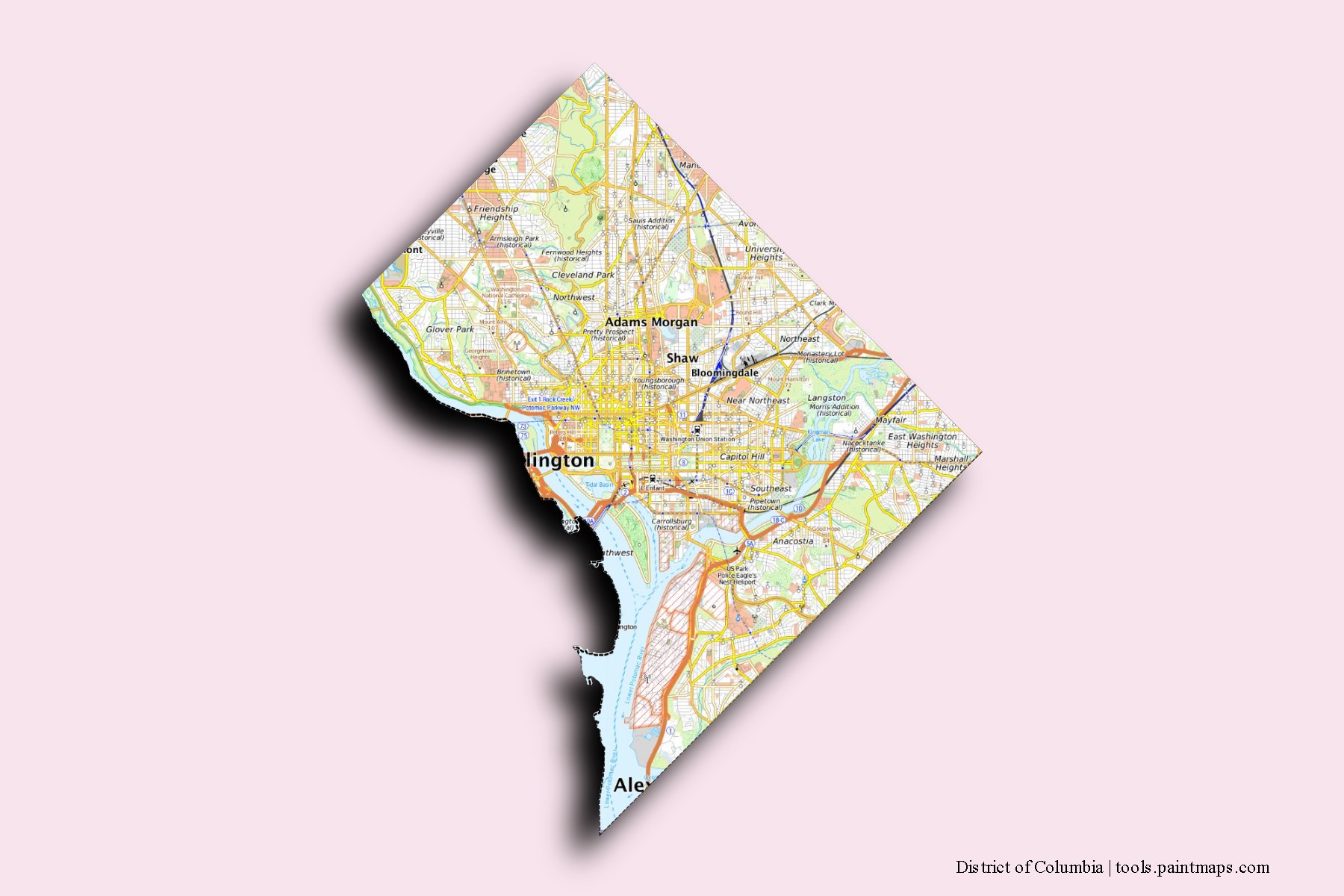 District of Columbia and counties map with 3D shadow effect