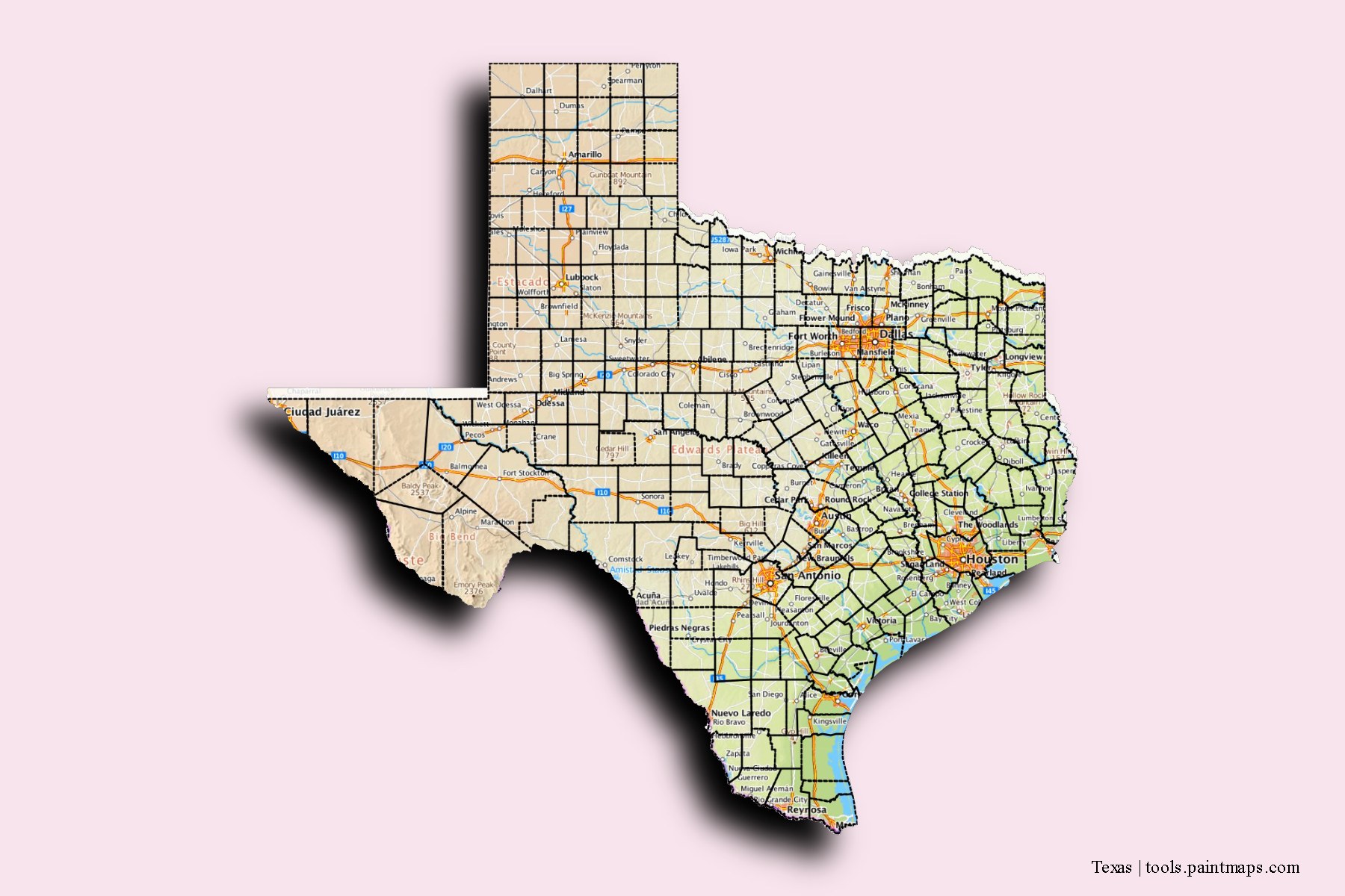 Texas and counties map with 3D shadow effect