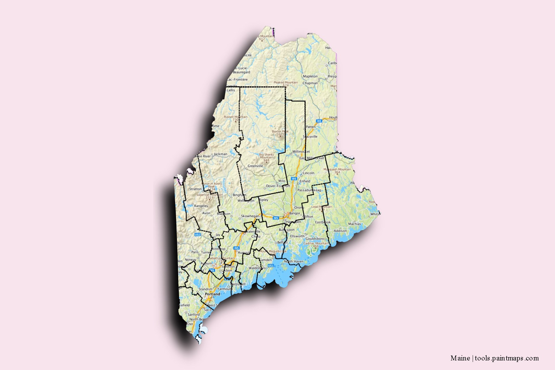 Maine and counties map with 3D shadow effect