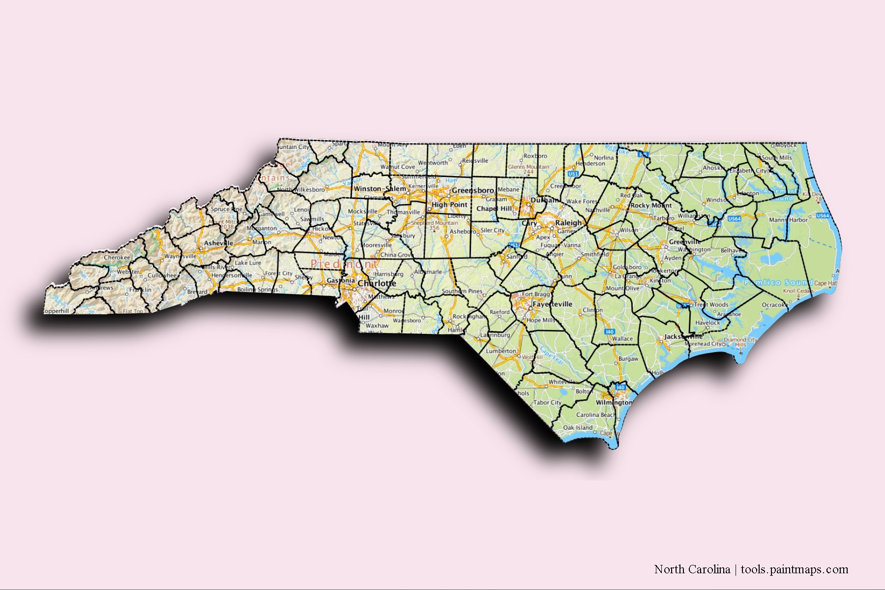 North Carolina and counties map with 3D shadow effect