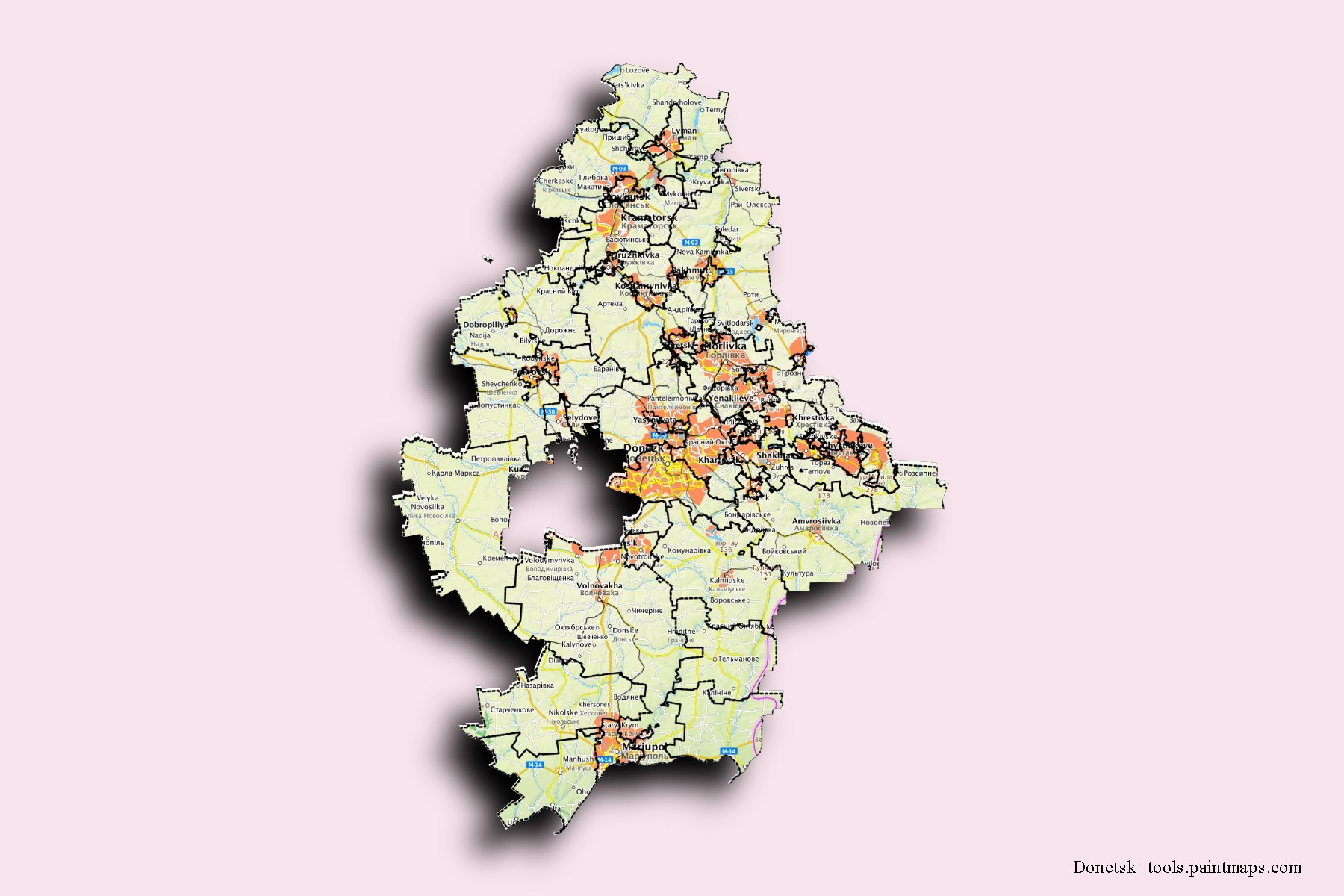 Mapa de Donetsk y sus distritos con efecto de sombra 3D