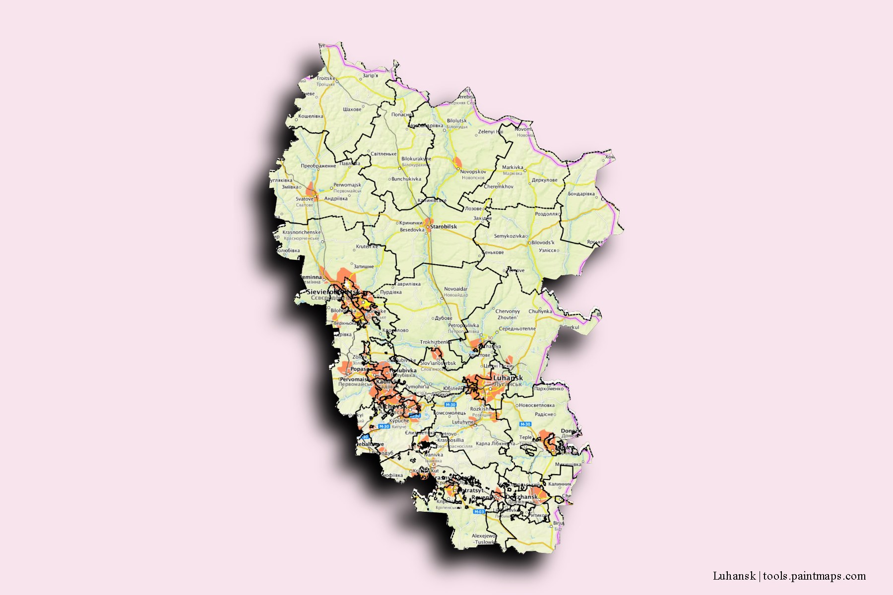 Luhansk and counties map with 3D shadow effect