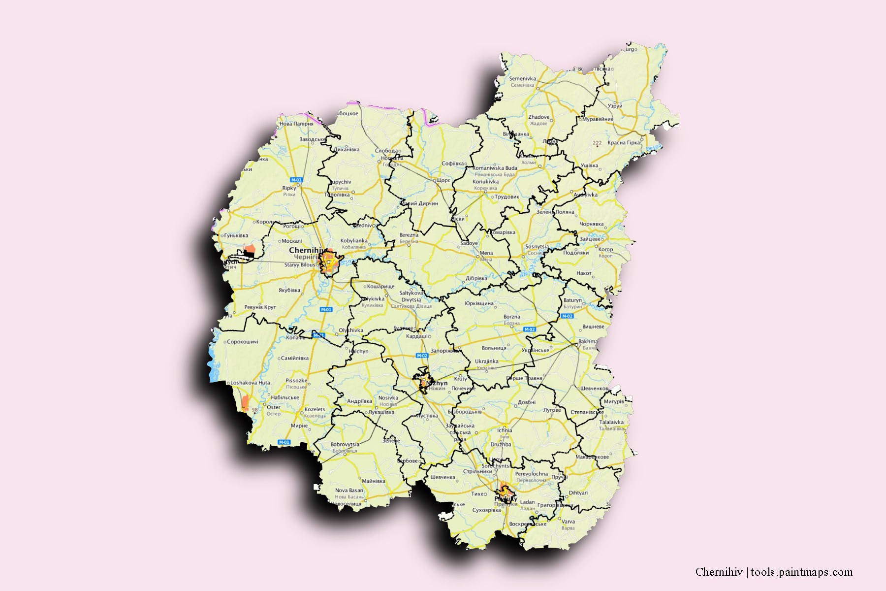 Mapa de Chernihiv y sus distritos con efecto de sombra 3D