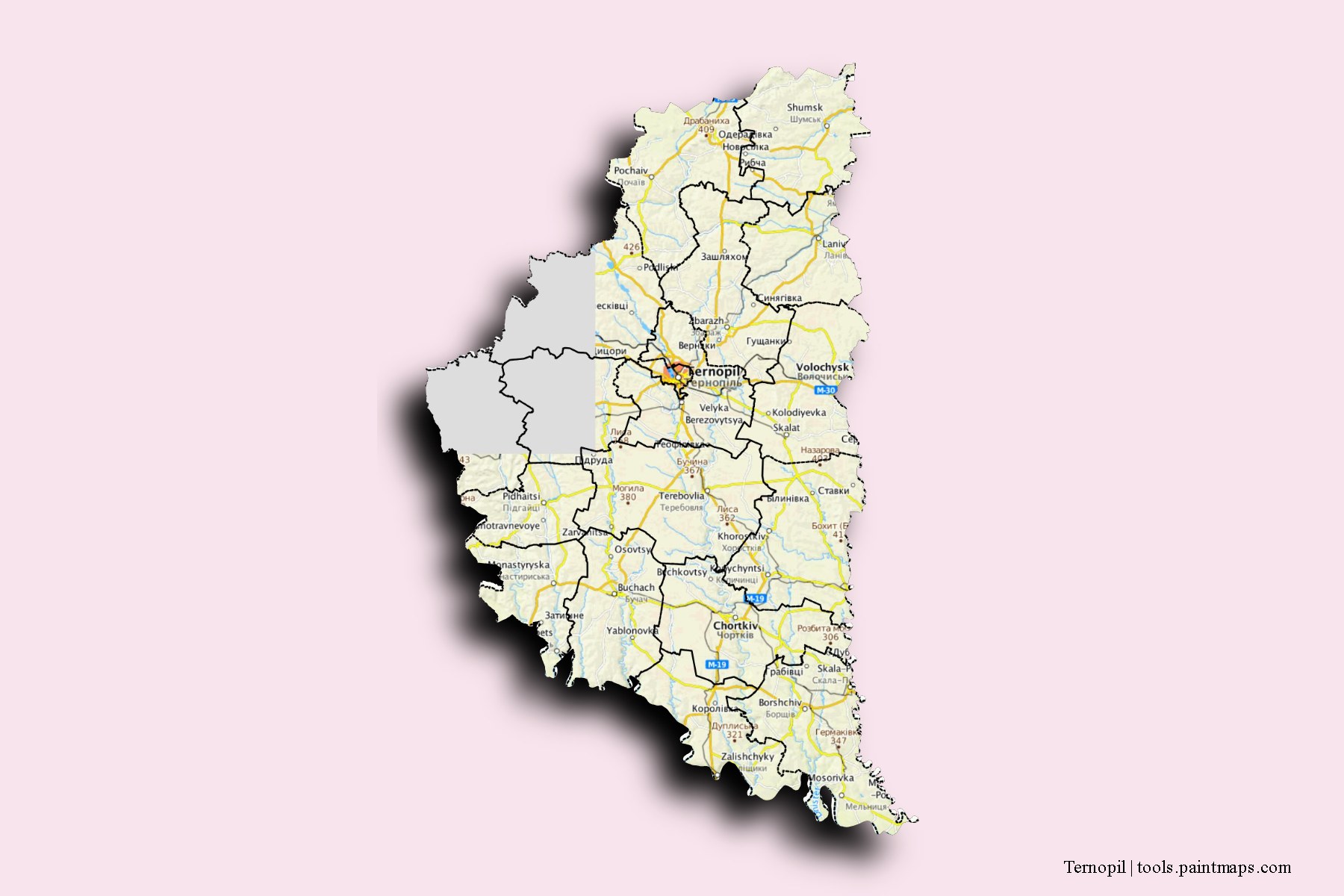 Ternopil and counties map with 3D shadow effect