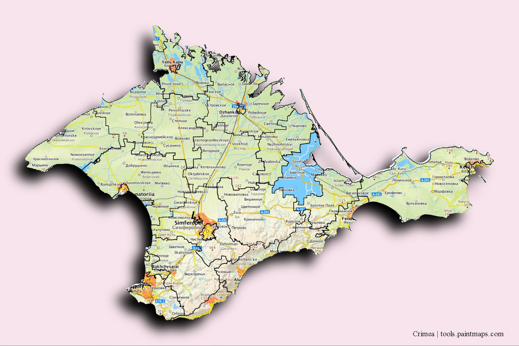 Mapa de Crimea y sus distritos con efecto de sombra 3D