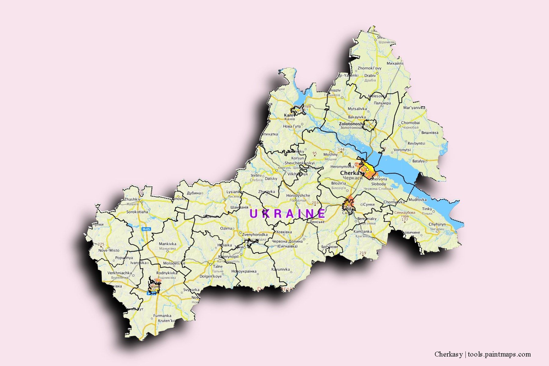 Mapa de Cherkasy y sus distritos con efecto de sombra 3D