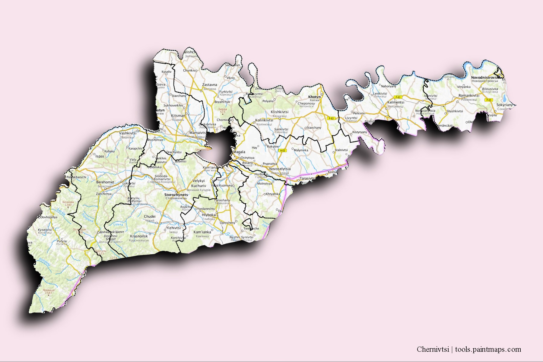 Mapa de Chernivtsi y sus distritos con efecto de sombra 3D