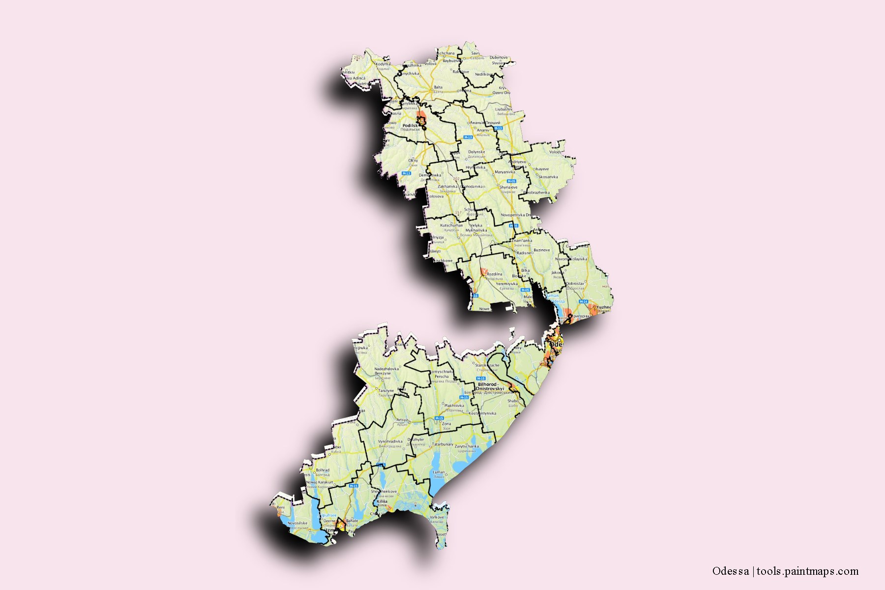 Mapa de Odessa y sus distritos con efecto de sombra 3D