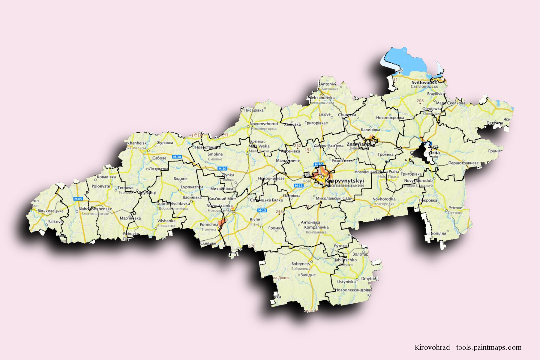 Mapa de Kirovohrad y sus distritos con efecto de sombra 3D