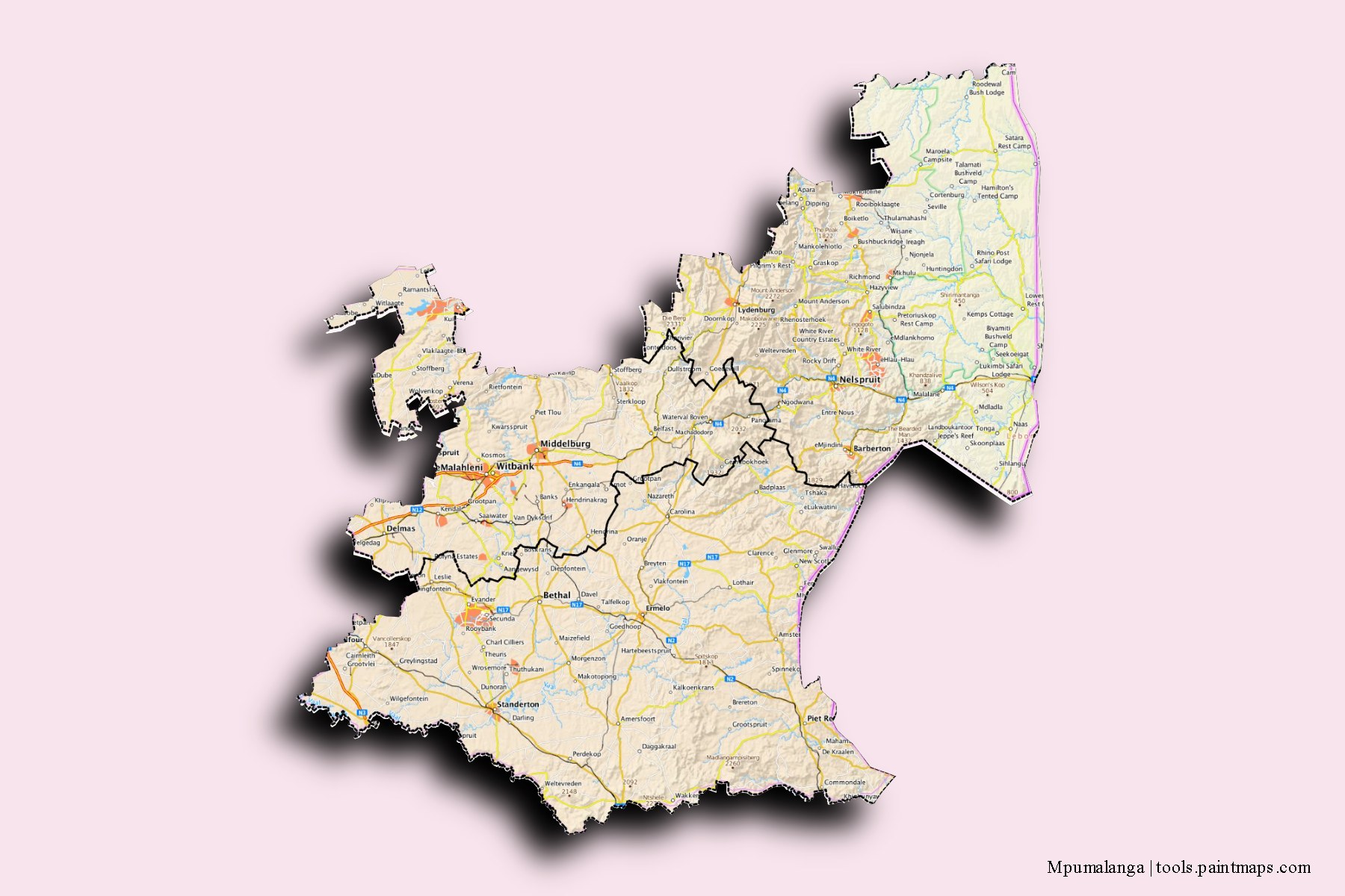 Mpumalanga and counties map with 3D shadow effect