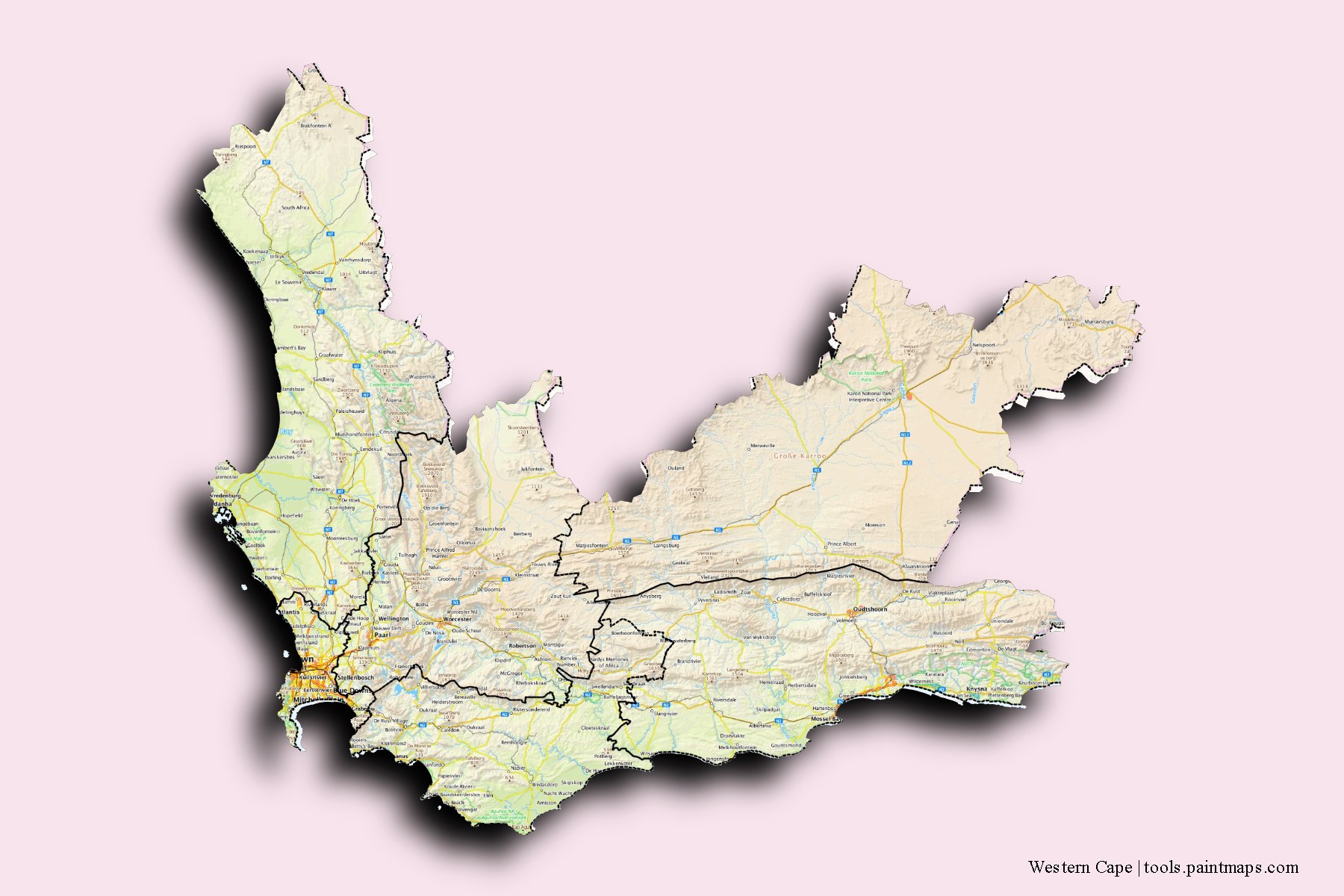 Western Cape and counties map with 3D shadow effect