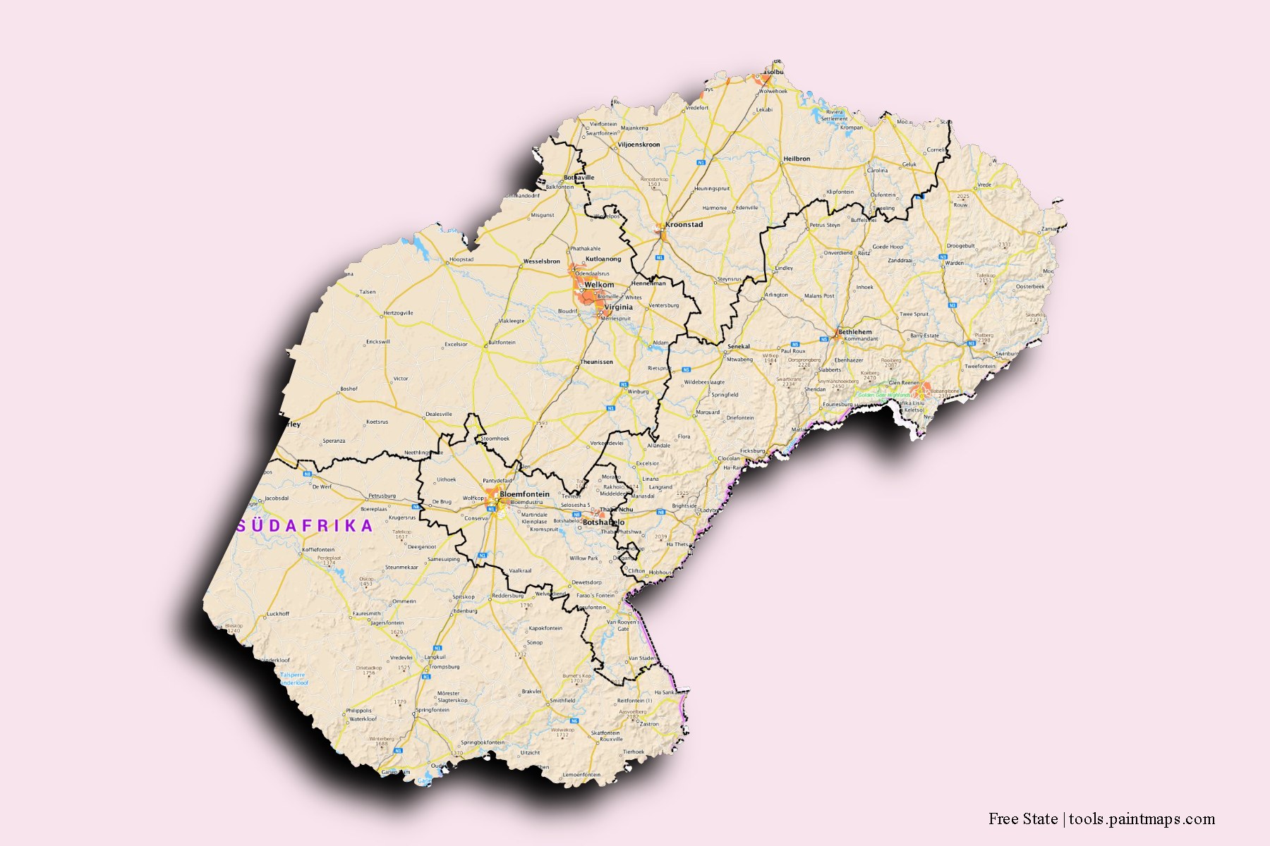 Free State and counties map with 3D shadow effect