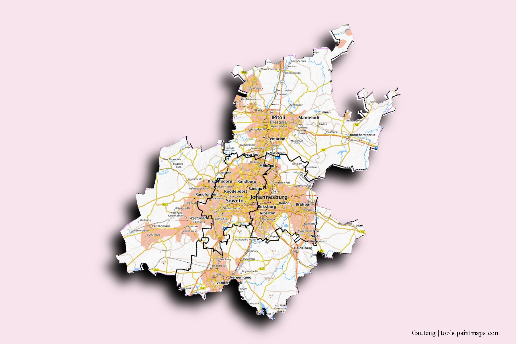 3D gölge efektli Gauteng ve ilçeleri haritası
