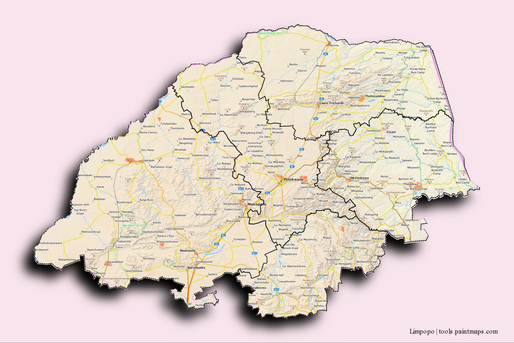 Mapa de Limpopo y sus distritos con efecto de sombra 3D